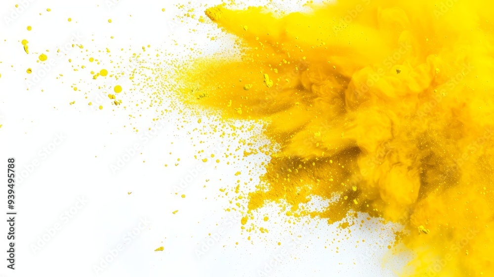 Sticker Vibrant yellow powder explodes against a clean white background, creating a dynamic and energetic visual effect.