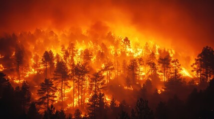 A forest engulfed in flames during a wildfire, showcasing the devastation of nature.