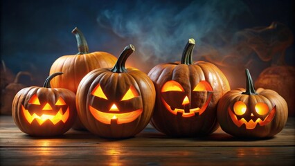 Halloween pumpkins glowing in the dark with spooky faces , holiday, October, autumn, decoration, Jack-o-lantern, orange