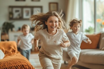 Child care stress, mother and children running with energy with mom feeling anxiety on a home sofa. Mama burnout, kids and fast siblings run in the living room lounge with tired mom, Generative AI