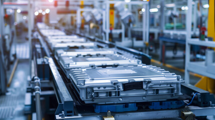 Battery module for automotive industry on production line. Close-up of lithium-ion high-voltage battery components for electric vehicle or hybrid Car. Generative AI.