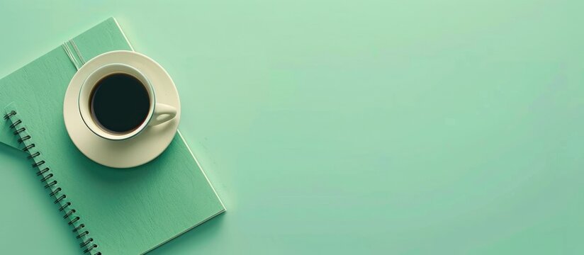 Coffee Break with a Notebook on a Mint Green Background