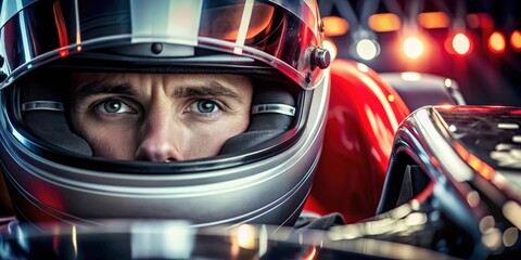 Close up of a racing driver against a race track with red lights, racing, driver, car, helmet, speed, competition