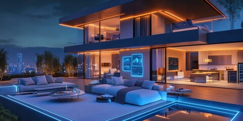 Fototapeta premium Modern house with outdoor patio and pool at night.