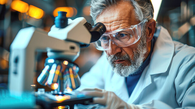 Focused elderly male scientist using a microscope in a well-lit laboratory, engaging in meticulous scientific research while wearing protective gear.