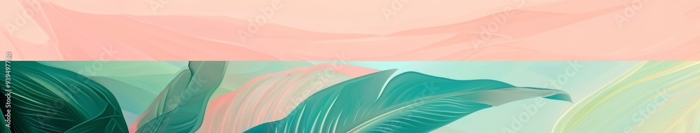 Poster This image features a minimalistic abstract painting with pastel pink and green hues, showcasing subtle and natural leaf patterns.