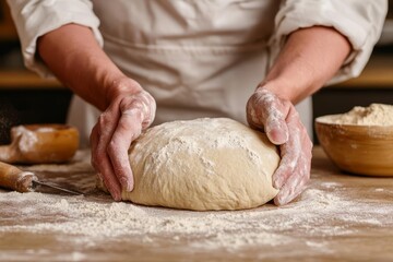 Fototapeta premium A baker kneading dough by hand in a rustic kitchen, surrounded by traditional tools, evoking the essence of Labor Day