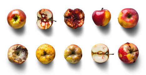 A set of rotten apples on a transparent background illustration, Generative AI