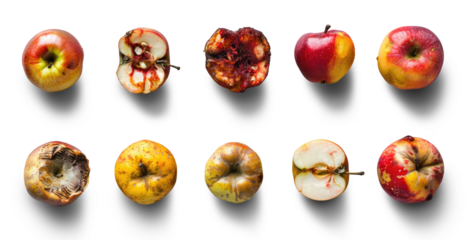 A set of rotten apples on a transparent background illustration, Generative AI