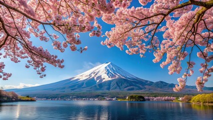 Majestic view of Mount Fuji on a clear day with cherry blossoms in the foreground, Japan, mountain, volcano, landmark