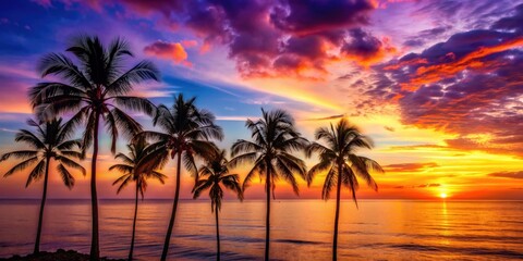 Fototapeta premium Vibrant sunset over calm ocean with silhouetted palm trees , sunset, scene, nature, ocean, colorful, vibrant, sky