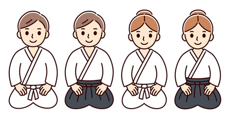 Cute cartoon Aikido man and woman sitting seiza