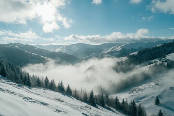 A serene winter morning in the snow-covered mountain valley