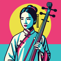 Chinese female musician holding a traditional Chinese musical instrument. Vector illustration