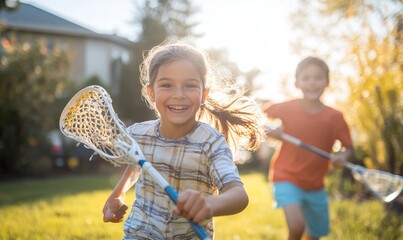 Young siblings playing lacrosse in the backyard, Generative AI