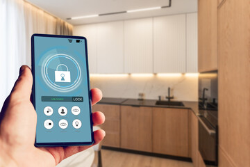Mobile phone with app smarthome intelligent house automation remote control technology concept