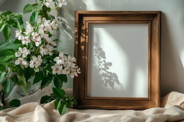 Elegant Home Decor Highlighting a Wooden Photo Frame Adorned with Fresh Flowers and Leaves, Graphic Resources, Wallpapers, Brochure, Advertising,