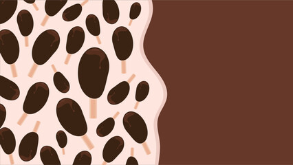 Ice cream sundae on stick in chocolate glaze on background with space for text. Sweet dessert in flat design. Delicious chocolate ice cream popsicle with copy space for project