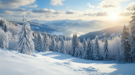 Obraz premium Beautiful winter landscape with snowy trees and mountains at sunrise