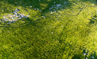 Aerial view of mountains with grass and rocks in Switzerland. Hiking in tranquil nature. Background with alpine pattern.