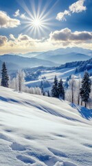 Majestic winter landscape with sun shining over snow-covered mountains