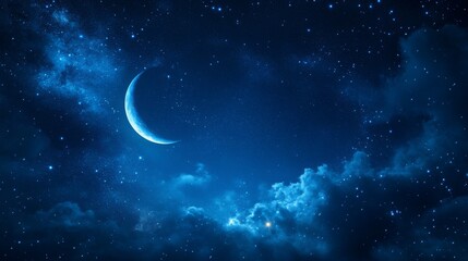 Night sky filled with blue stars and a crescent moon, serene and calm atmosphere