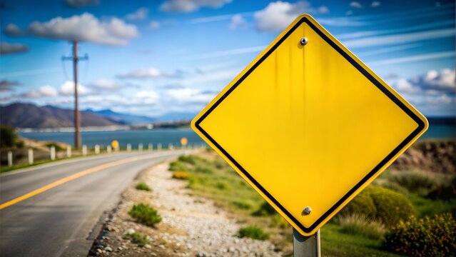 Yellow sign on the road with lake