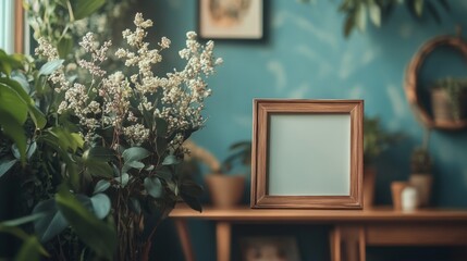 Elegant Home Decor Highlighting a Wooden Photo Frame Adorned with Fresh Flowers and Leaves, Graphic Resources, Wallpapers, Brochure, Advertising,