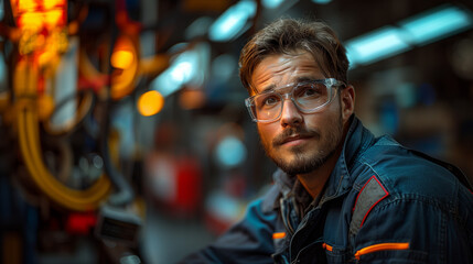 Portrait of an industrial worker in the background of a modern factory. He wears protective glasses and a dark blue jacket 