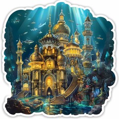 Obraz premium An enchanting underwater palace with golden domes illuminated in a mystical deep-sea setting.