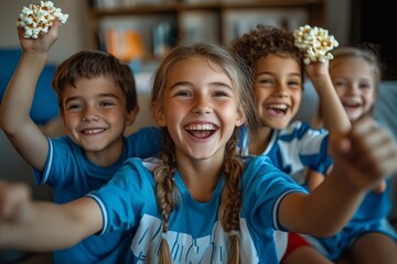 baseball game and living room with cheer, popcorn and happy with sports for bonding. Childhood, memories and team victory with smile, celebration and arms raised with siblings in, Generative AI