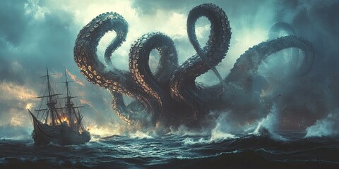 A giant kraken attacks a ship in a stormy sea.