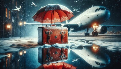 A vintage leather suitcase under a red umbrella covered in snow, an airplane in the background blurred, reflection in water, surreal travel concept, intricate details, cinematic lighting