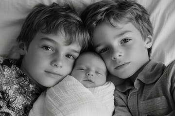 Big brothers with their little newborn brother, Generative AI