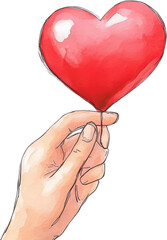 A hand holding a vibrant red heart balloon, symbolizing love and affection, perfect for romantic themes and celebrations.