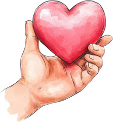 A hand holding a vibrant red heart, symbolizing love, care, and compassion in a colorful, artistic style.