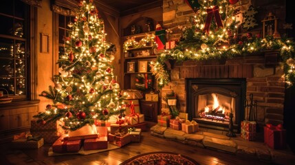 The living room is decorated with a beautifully lit Christmas tree. Surrounded by gifts wrapped in holiday paper.