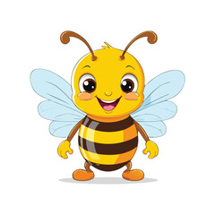 Cartoon bee with a big smile and big wings, Cute cartoon bee character Vector illustration isolated , Bee, side view on white background