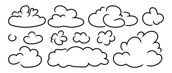 Clouds line art set. Cute clouds in cartoon style. Vector illustration isolated on white background.