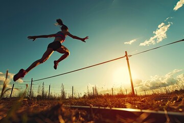 High jump, woman and fitness with exercise, sport and athlete in a competition outdoor. Jumping, workout and training for performance with action, energy and contest with female person and athletics