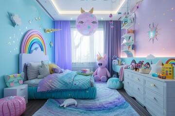 Modern girl's bedroom interior design featuring a unicorn theme, rainbow decorations, and pastel colors, creating a playful and magical atmosphere