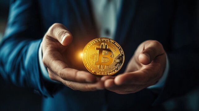 Businessman presenting bitcoin cryptocurrency in his hands