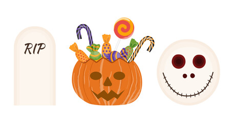 Halloween set. Pumpkin with scary face and smile with candies. Frankenstein face and tombstone with inscription. Isolated elements close-up on transparent and white background. Vector illustration.
