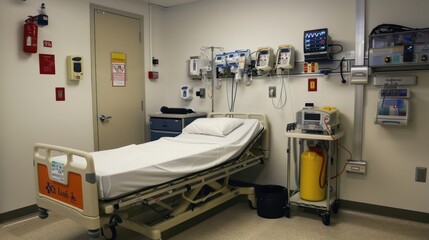 photograph of A hospital bed with a medical kit next to it and life-saving equipment installed on the side