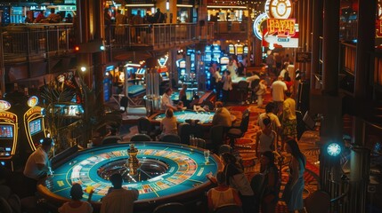 Obraz premium A lively casino at night, with gamblers gathering at the roulette tables in an atmosphere of celebration and excitement.