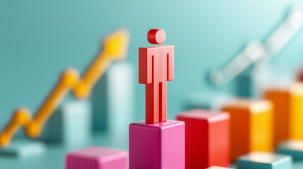 A vibrant red figure is positioned at the top of stacked blocks, representing success and growth amid various financial symbols. This conveys a strong message of accomplishment