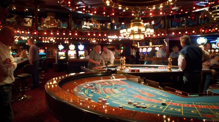 Obraz premium A lively casino at night, with gamblers gathering at the roulette tables in an atmosphere of celebration and excitement.
