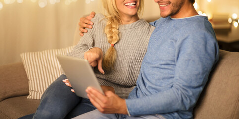 Newlyweds choosing film on tablet, resting together in cozy living room, free space