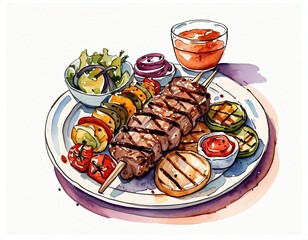 Watercolor illustration of a delicious grilled meat skewer with vegetables, tomato sauce, and a side salad on a plate.
