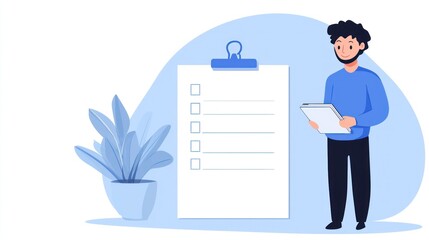 A young man stands next to a checklist and tablet, ready to organize tasks in a modern workspace with greenery.